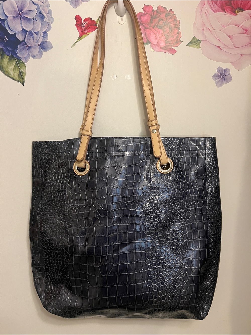 croft & barrow Grey Croc-Embossed Tote with Tan Handles